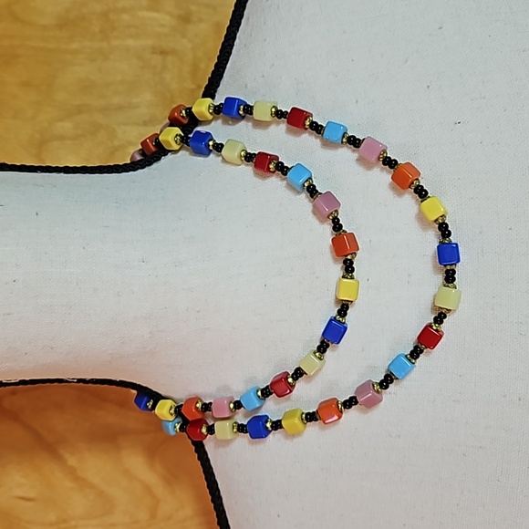 Vintage Czech Harlequin Multi-Colored Glass Cube Necklace 1930's. 38" - Picture 2 of 6